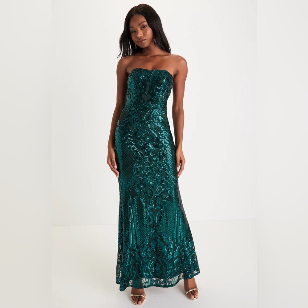 Lulu’s Radiant Persona Emerald Green Sequin Strapless Maxi Dress - Size S